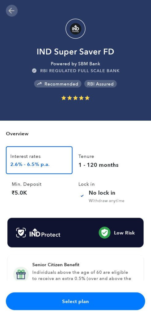 Indmoney super saver FD interest rates upto 6.5%