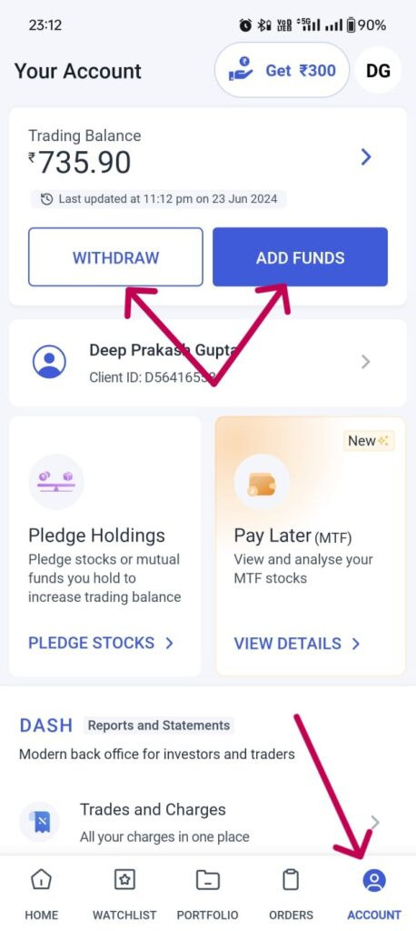 Add or withdraw funds from Angel one
