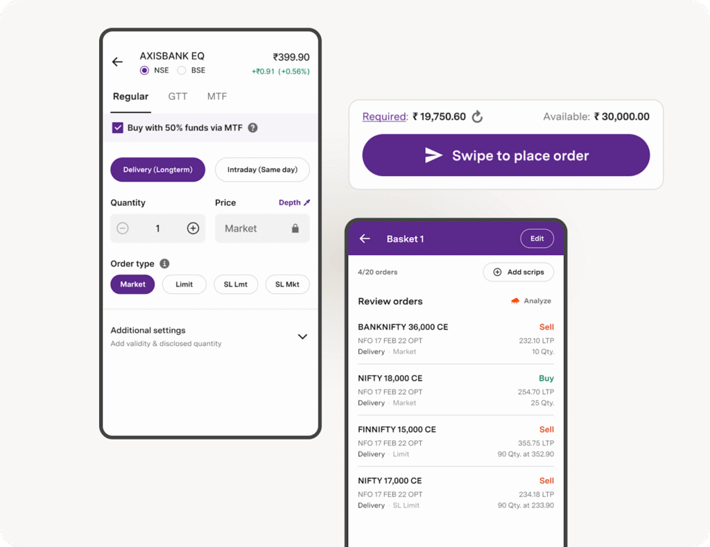 Upstox mobile trading app interface showing stock order placement and order basket screens with options for quantity, order types, and fund usage