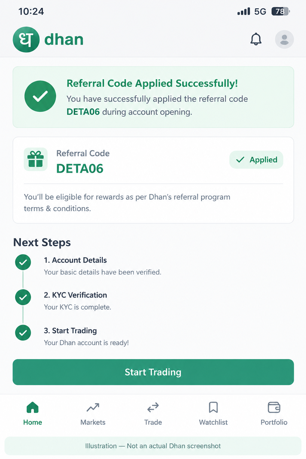 Illustration showing Dhan referral code DETA06 applied successfully