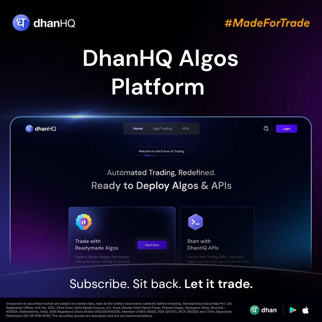 Home page of the DhanHQ Algos platform showing options to trade with readymade algos and to start with DhanHQ APIs