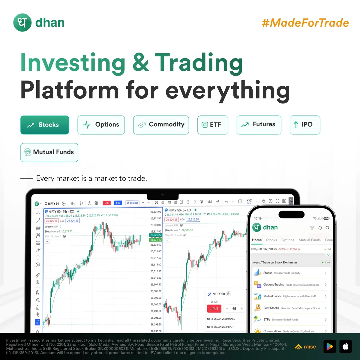 Dhan graphic listing the markets on one platform: stocks, options, commodity, ETF, futures, IPO and mutual funds, shown on laptop and phone screens