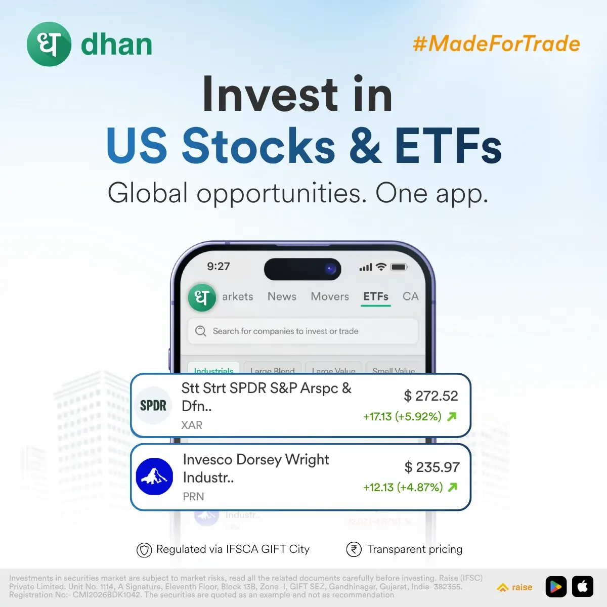 Dhan app screen listing US stocks and ETFs with example prices, on a phone